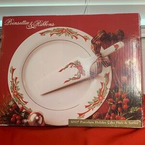 Christmas Cake Server Set Poinsettia & Ribbons Holiday Fine China Plate & Server